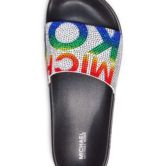 Michael Kors Gilmore Slides White Rainbow Crystals - Picture 2 of 10